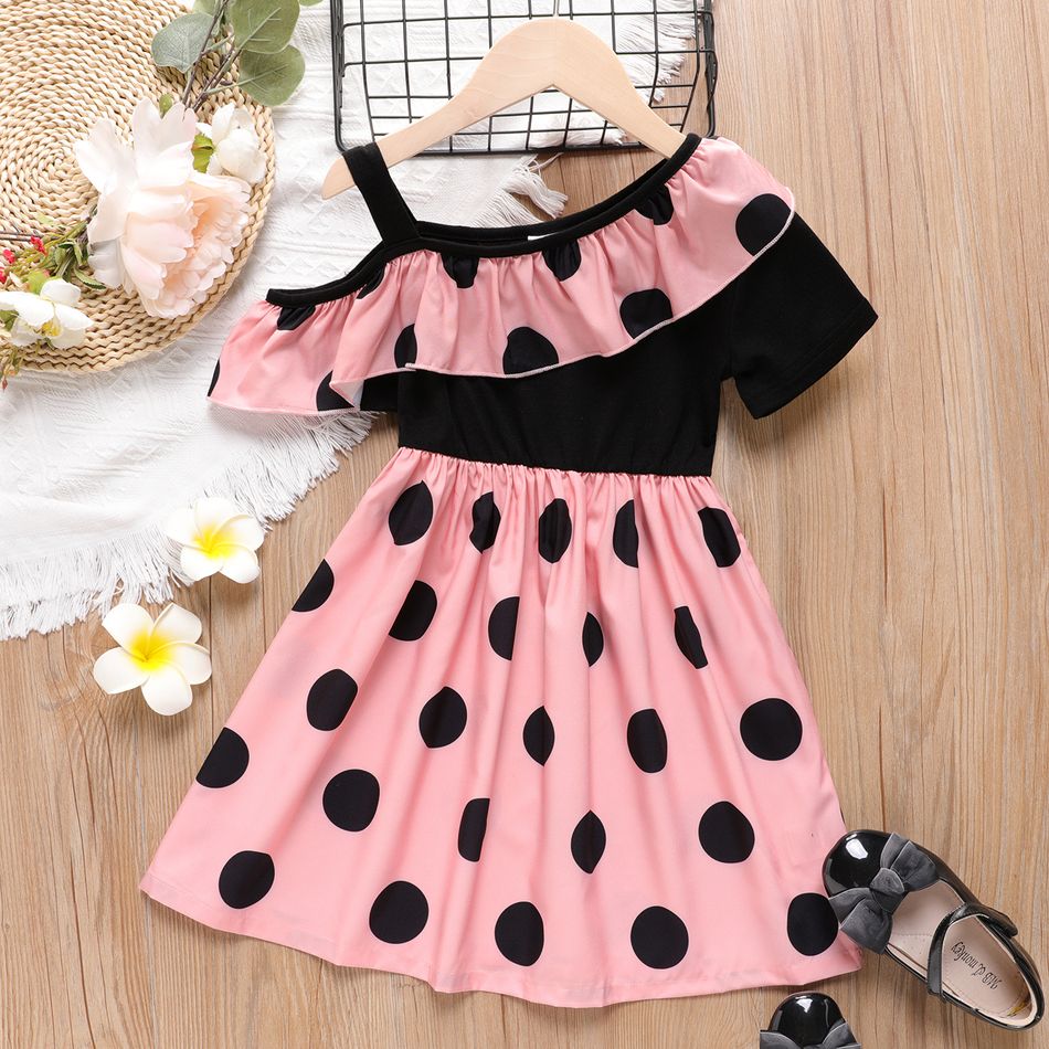 Kid Girl Polka Dots Print Ruffled Cold Shoulder Dress Pink big image 1