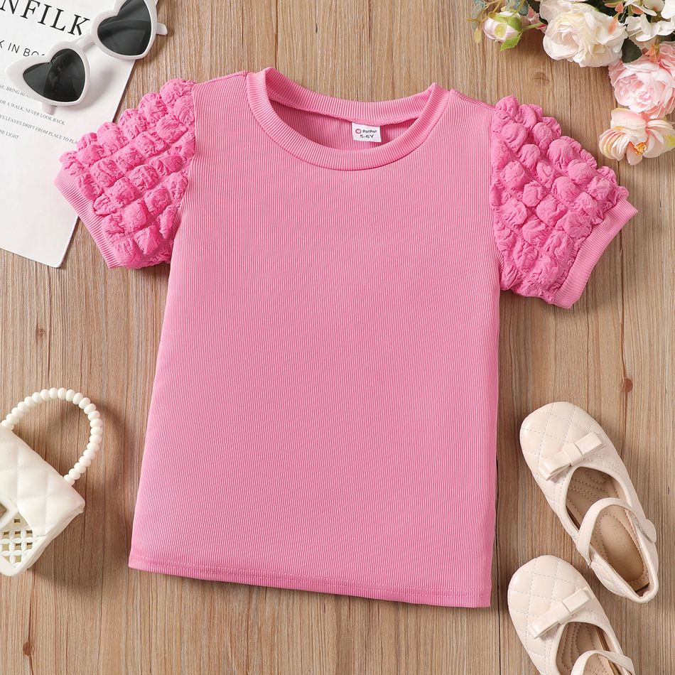 Kid Girl Textured Puff Sleeve Top Pink big image 1