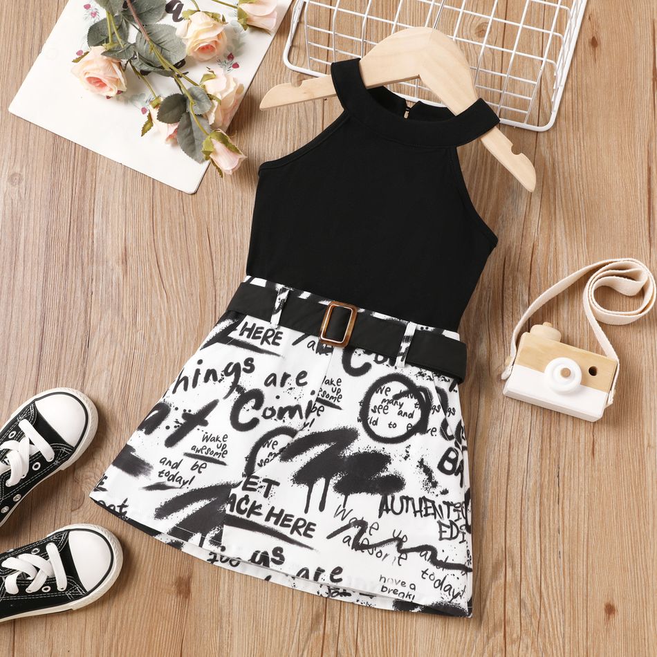 2Pcs Toddler Girl Halter Tank Top and Letter Print Belted Skirt Set Black big image 1
