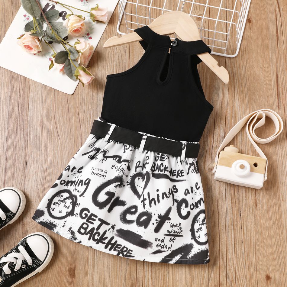 2Pcs Toddler Girl Halter Tank Top and Letter Print Belted Skirt Set Black big image 2