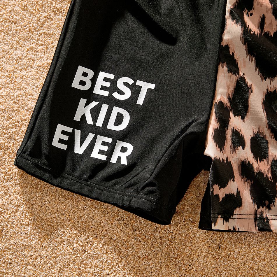 Family Matching Leopard & Black Spliced One Shoulder One-piece Swimsuit or Letter Graphic Swim Trunks Shorts Black big image 15