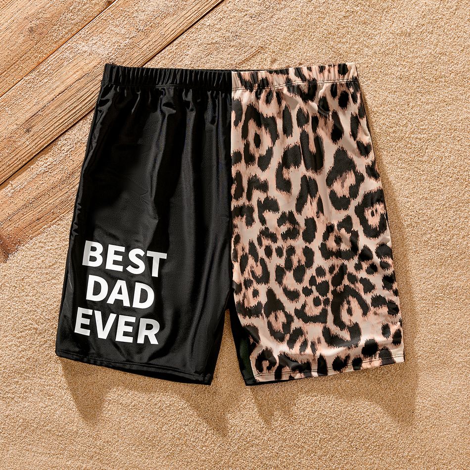 Family Matching Leopard & Black Spliced One Shoulder One-piece Swimsuit or Letter Graphic Swim Trunks Shorts Black big image 11