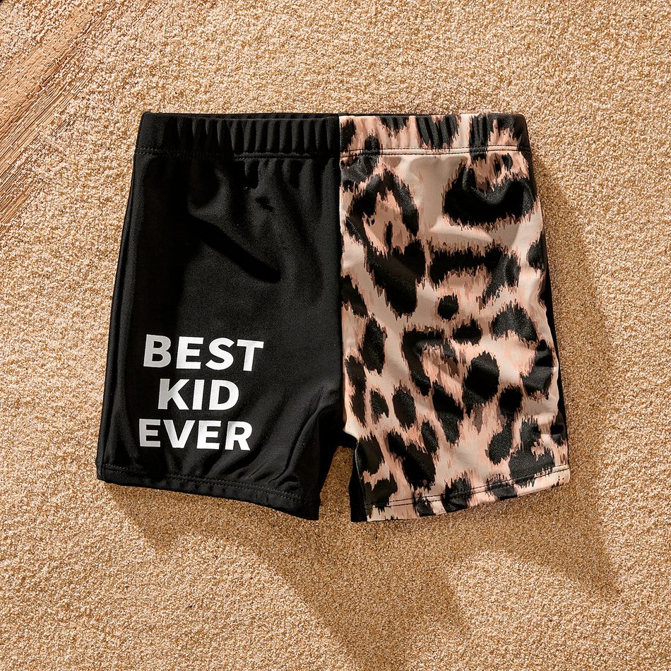Family Matching Leopard & Black Spliced One Shoulder One-piece Swimsuit or Letter Graphic Swim Trunks Shorts Black big image 14