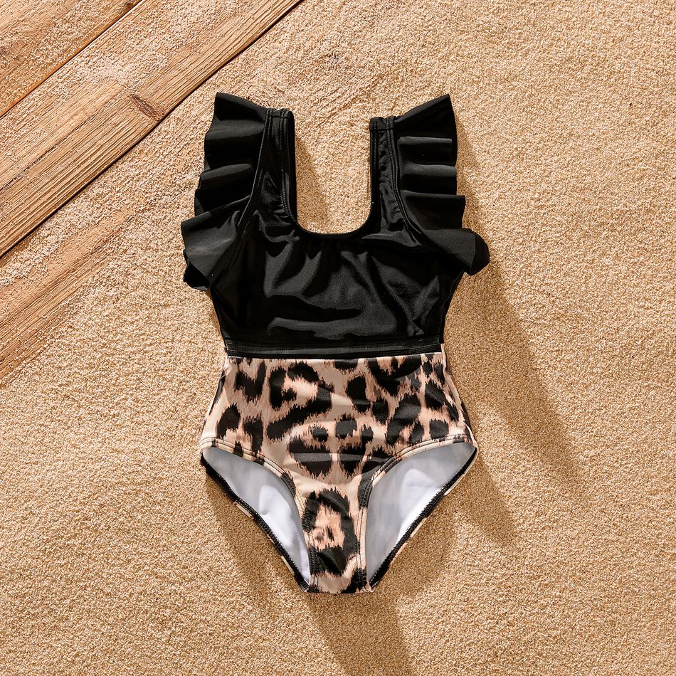 Family Matching Leopard & Black Spliced One Shoulder One-piece Swimsuit or Letter Graphic Swim Trunks Shorts Black big image 7
