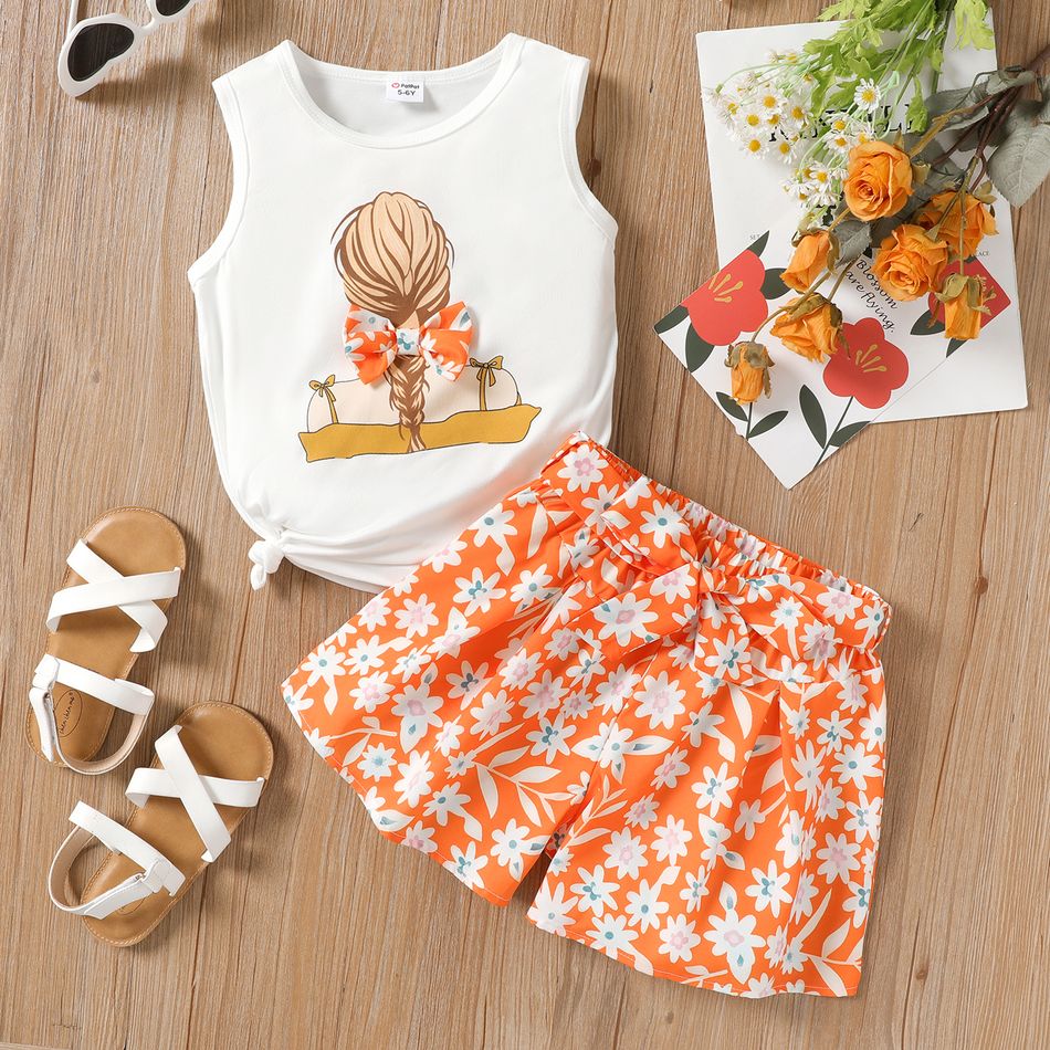 2Pcs Kid Girl Bow Decor Figure Print Tank Top and Floral Print Shorts Set Orange