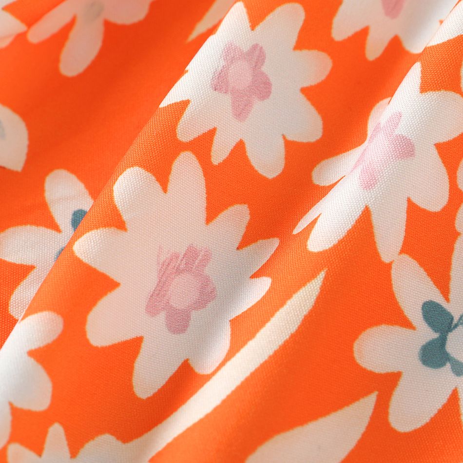 2Pcs Kid Girl Bow Decor Figure Print Tank Top and Floral Print Shorts Set Orange