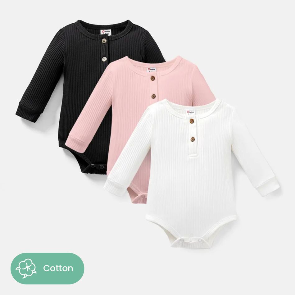 3-Pack Baby Girl/Boy Cotton Button Design Solid Color Ribbed Long-sleeve Rompers ColorBlock big image 1