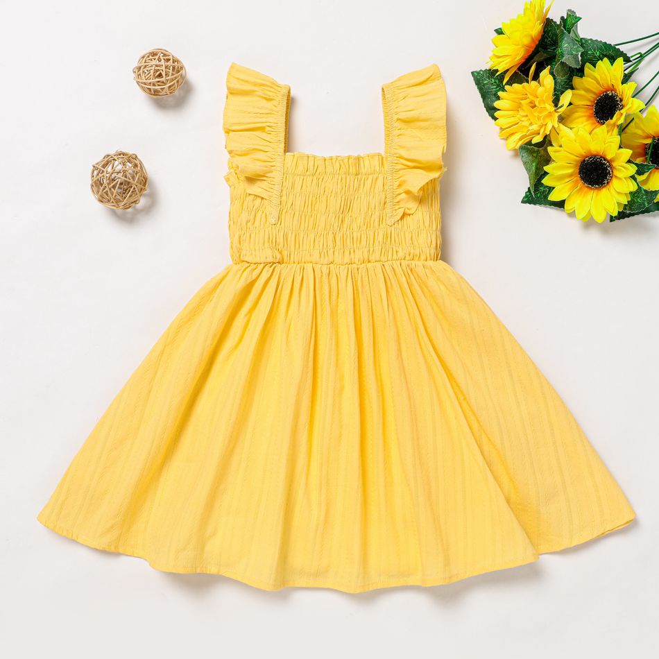 Toddler Girl Ruffled Smocked Floral Print/ Yellow Flutter-sleeve Dress Yellow big image 3