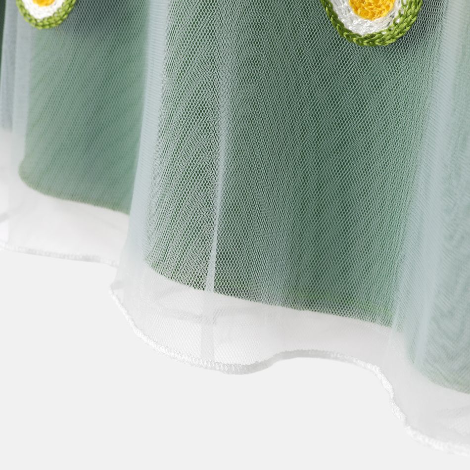 Baby Girl Contrast Bow Front Avocado Embroidered Mesh Flutter-sleeve Dress LemonGreen