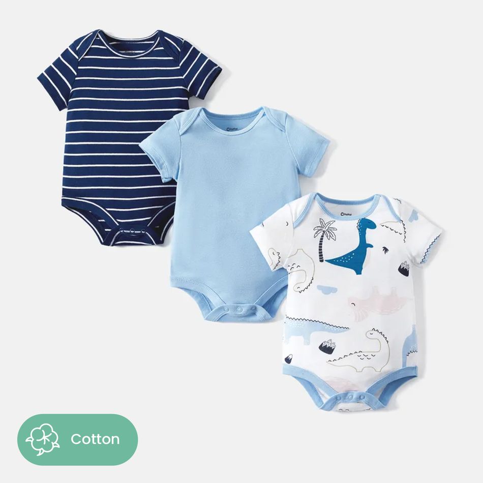3-Pack Baby Girl/Boy Dinosaur Print/Stripe/Solid Color Short-sleeve Rompers Blue big image 1