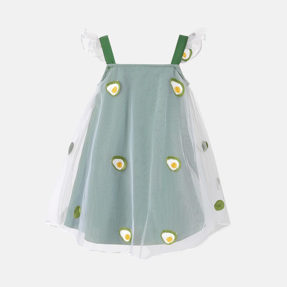 Baby Girl Contrast Bow Front Avocado Embroidered Mesh Flutter-sleeve Dress LemonGreen big image 2