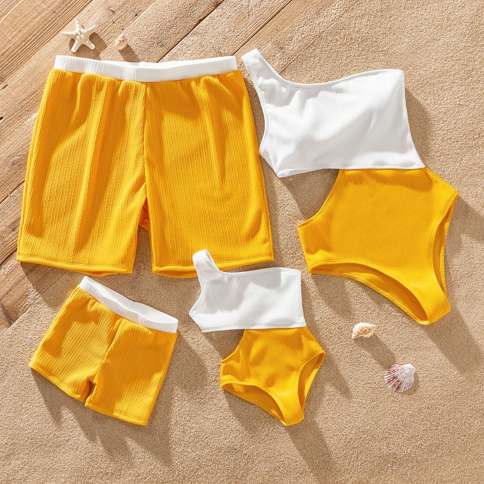 Family Matching Colorblock One Shoulder Cut Out One-piece Swimsuit or Swim Trunks Shorts yellowwhite