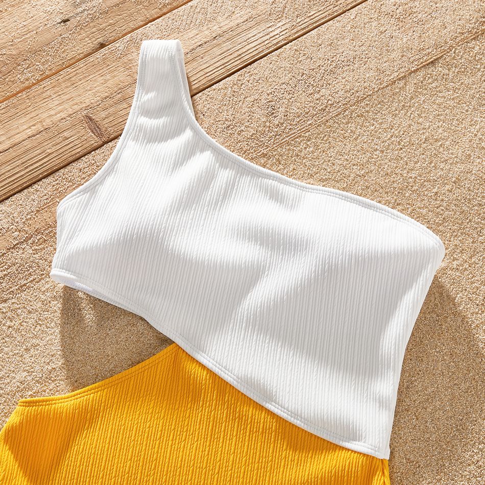 Family Matching Colorblock One Shoulder Cut Out One-piece Swimsuit or Swim Trunks Shorts yellowwhite big image 11