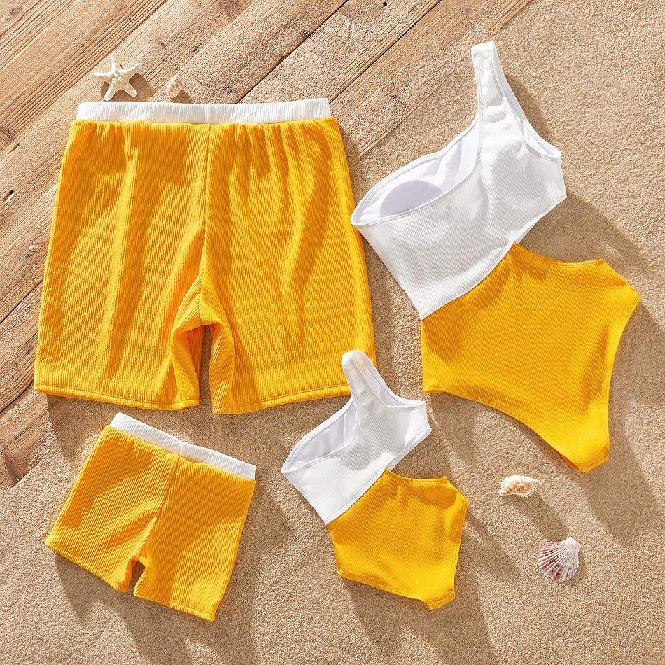 Family Matching Colorblock One Shoulder Cut Out One-piece Swimsuit or Swim Trunks Shorts yellowwhite big image 2