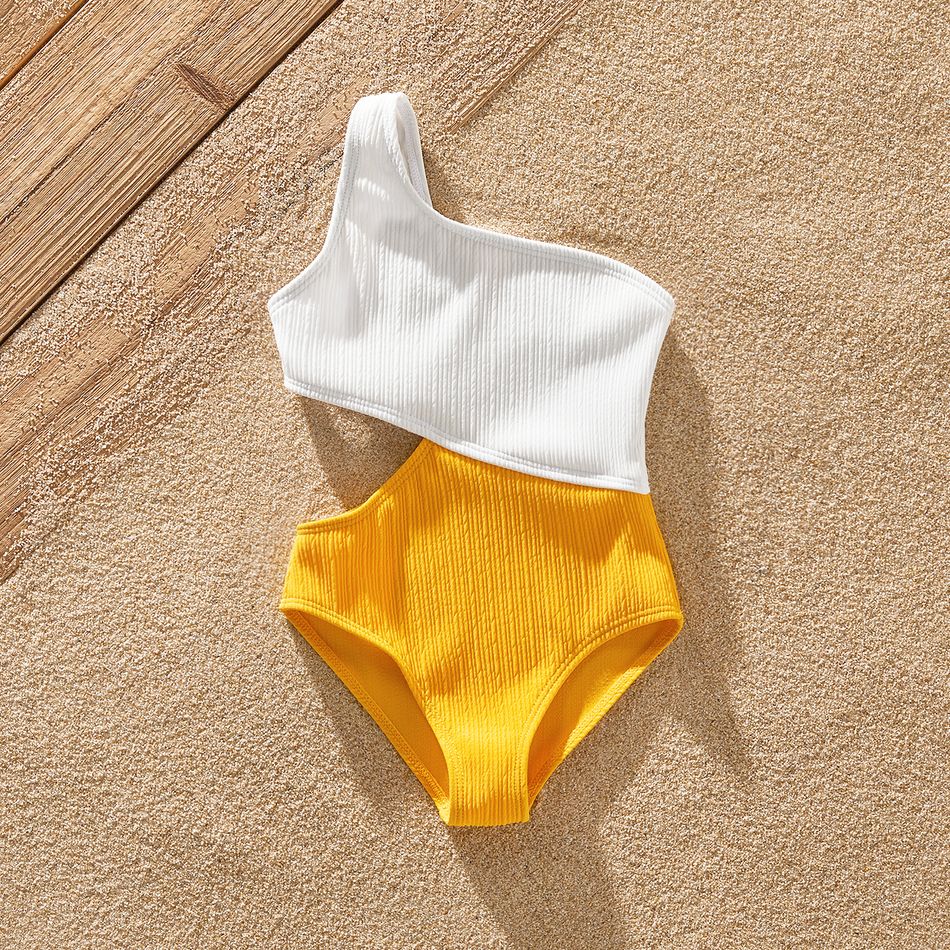 Family Matching Colorblock One Shoulder Cut Out One-piece Swimsuit or Swim Trunks Shorts yellowwhite big image 6