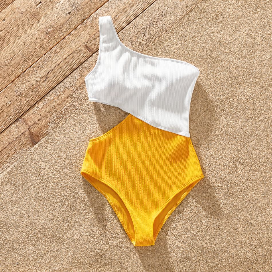 Family Matching Colorblock One Shoulder Cut Out One-piece Swimsuit or Swim Trunks Shorts yellowwhite big image 10