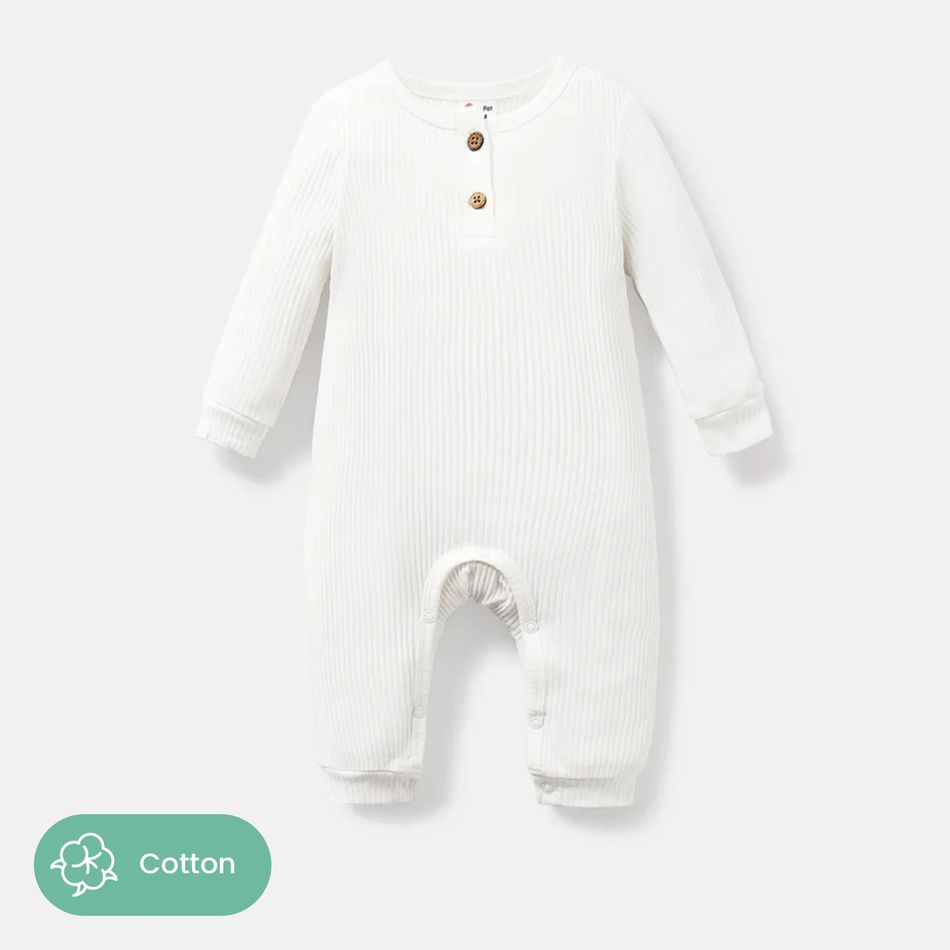 Baby Girl/Boy Cotton Button Design Solid Color Ribbed Long-sleeve Jumpsuits White big image 1