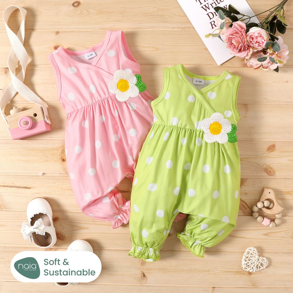 Naia™ Baby Girl Knit Flower Detail Polka Dots Print Tank Jumpsuit Pink big image 2