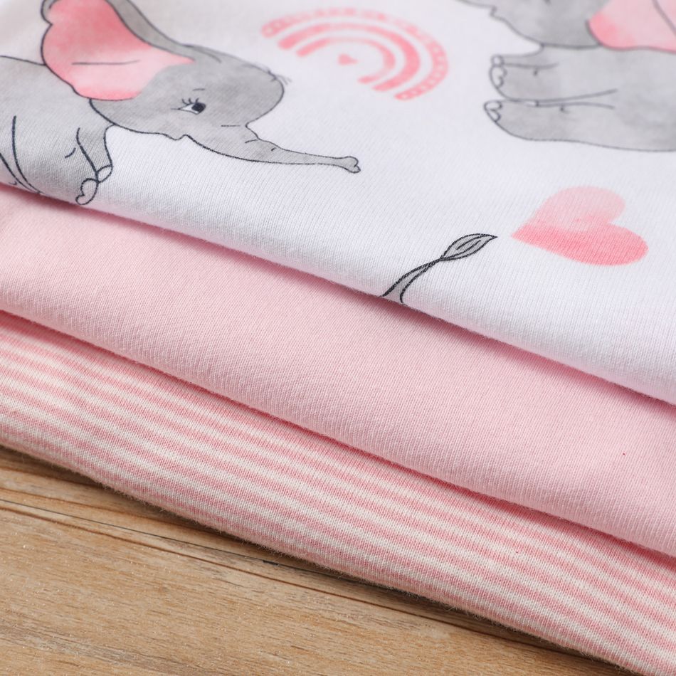 3-Pack Baby Girl/Boy Elephant Print/Solid Color Short-sleeve Rompers Pink big image 3