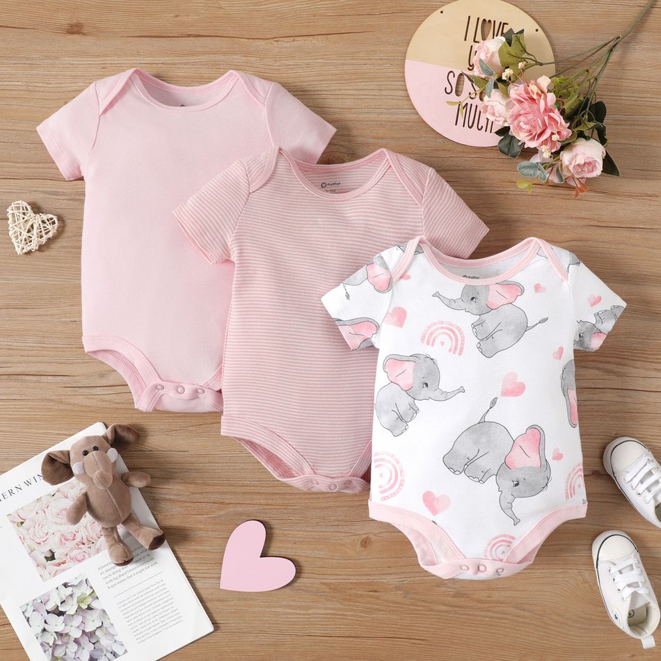 3-Pack Baby Girl/Boy Elephant Print/Solid Color Short-sleeve Rompers Pink big image 2