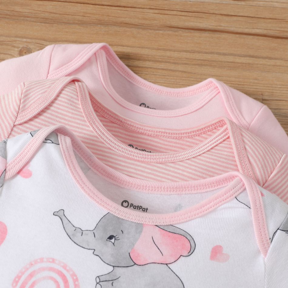 3-Pack Baby Girl/Boy Elephant Print/Solid Color Short-sleeve Rompers Pink big image 5