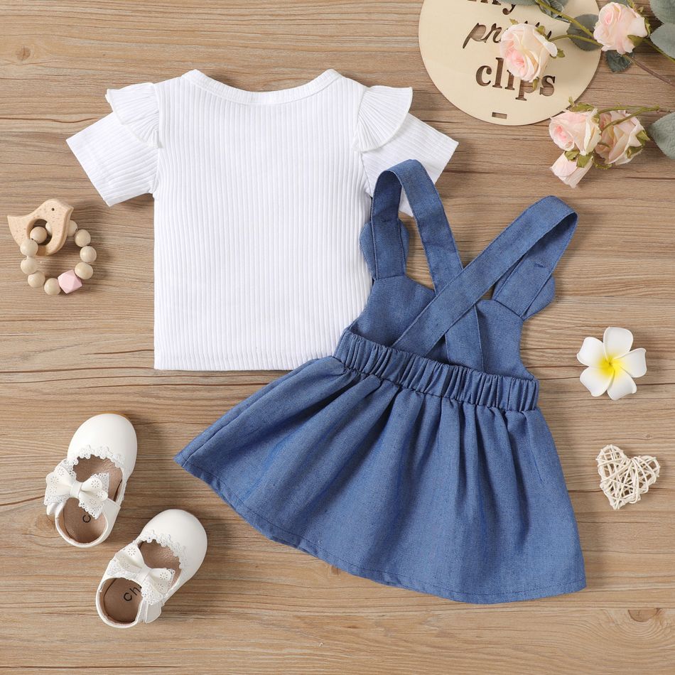 2pcs Baby Girl Cotton Ribbed Flutter-sleeve Top and Rabbit Embroidered Denim Overall Dress Set DENIMBLUE big image 3