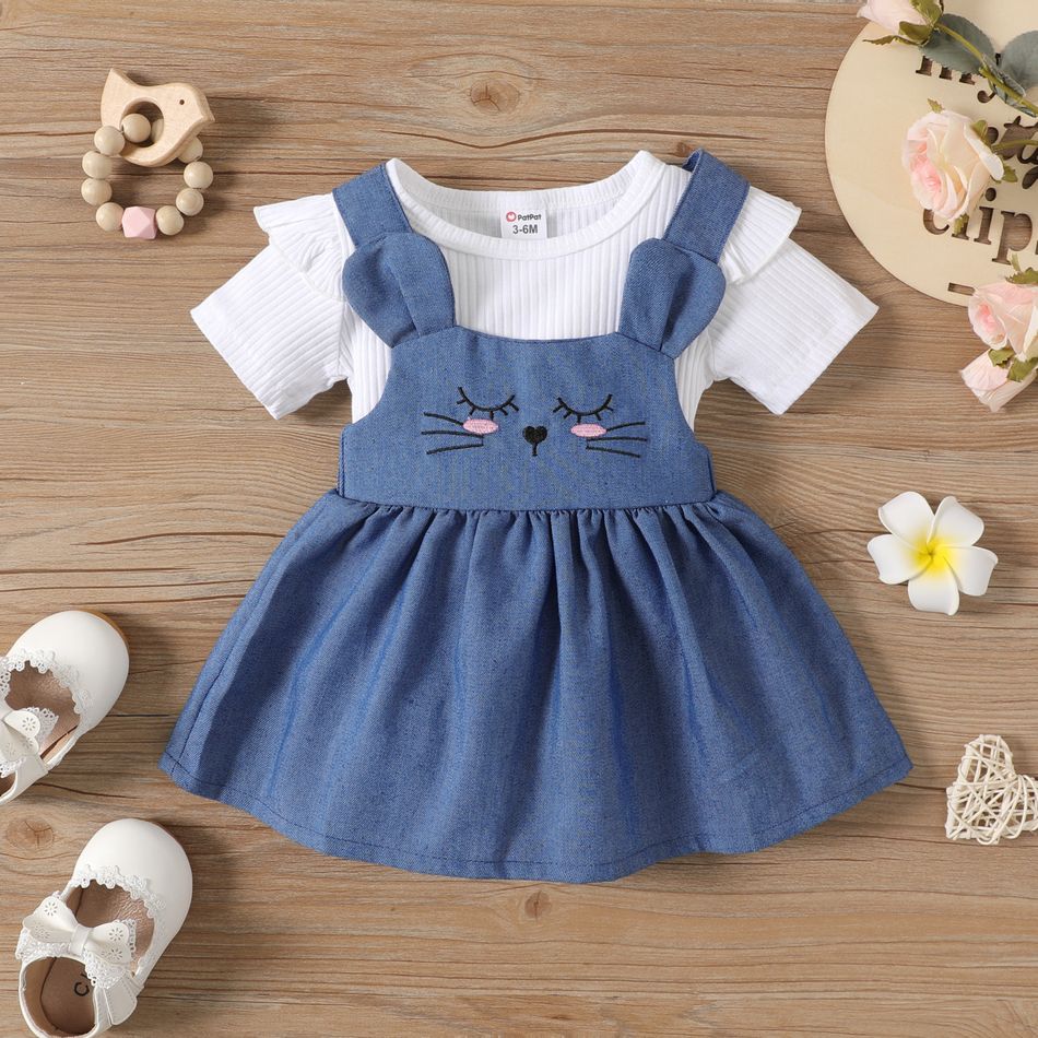 2pcs Baby Girl Cotton Ribbed Flutter-sleeve Top and Rabbit Embroidered Denim Overall Dress Set DENIMBLUE big image 2