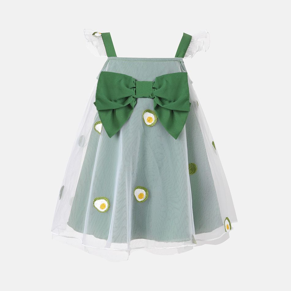 Baby Girl Contrast Bow Front Avocado Embroidered Mesh Flutter-sleeve Dress LemonGreen big image 1