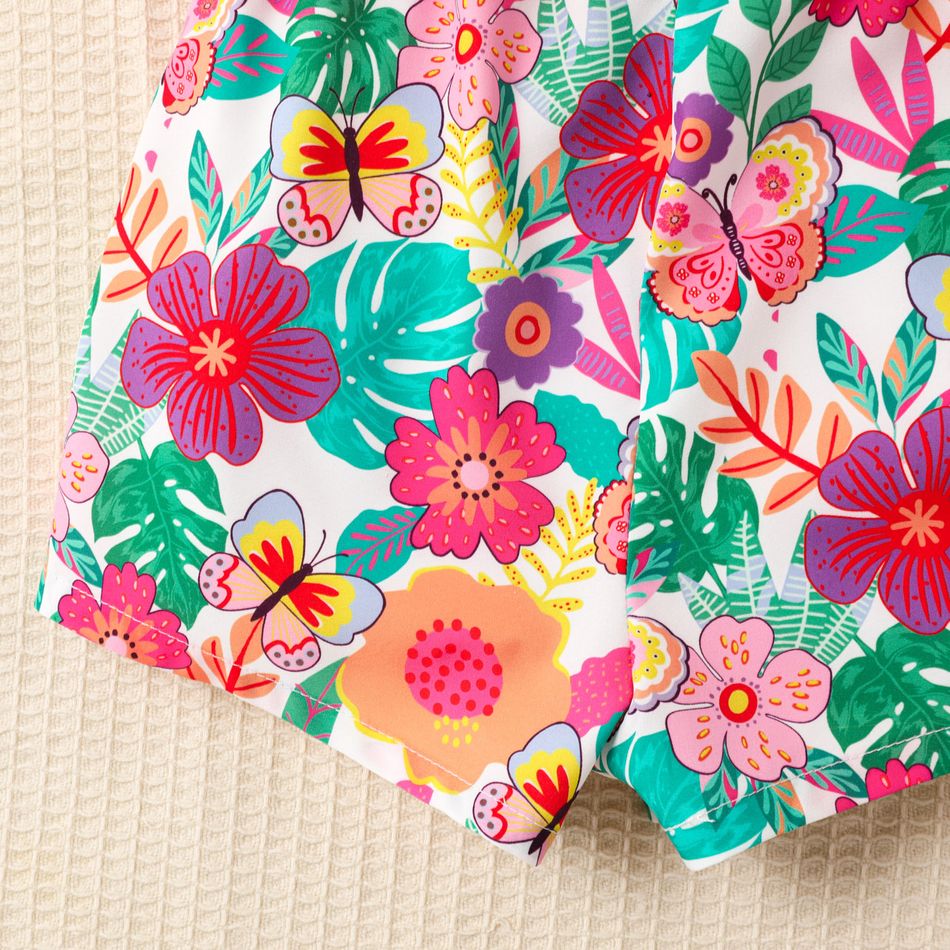 Toddler Girl Flora Print Ruffle Trim Bow Front Slip Romper Pink big image 4