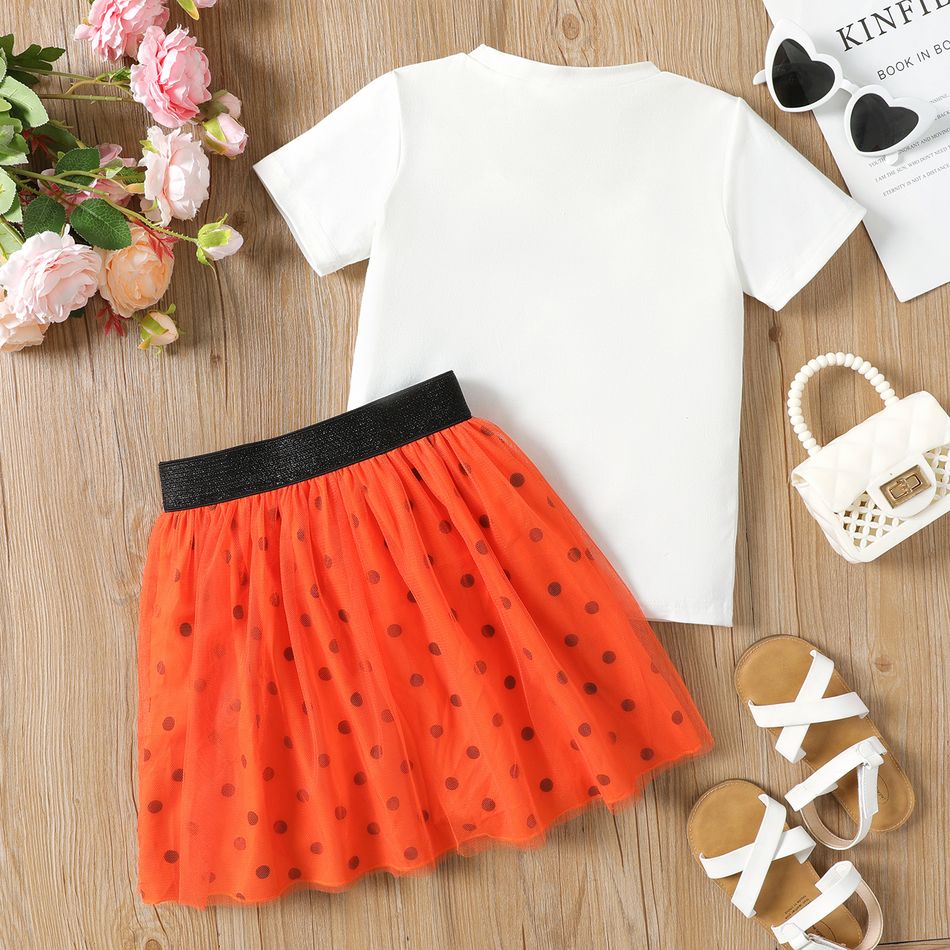 2pcs Kid Girl Figure Print Short-sleeve Tee and Polka dots Mesh Skirt Set Orange big image 2