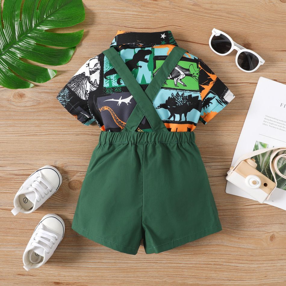 2pcs Baby Boy 100% Cotton Suspender Shorts and Allover Print Bow Tie Decor Short-sleeve Romper Set Green big image 3