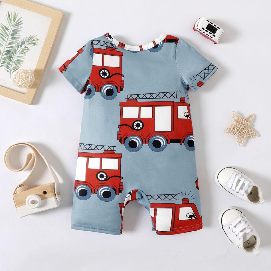 Baby Boy Allover Fire Engine Print Short-sleeve Romper Blue big image 2