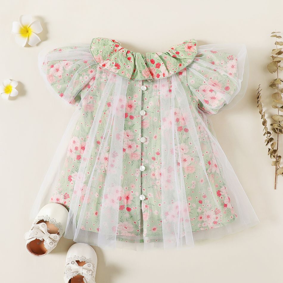 Baby Girl 100% Cotton Allover Floral Print Ruffled Collar Puff-sleeve Mesh Dress GrayGreen big image 2