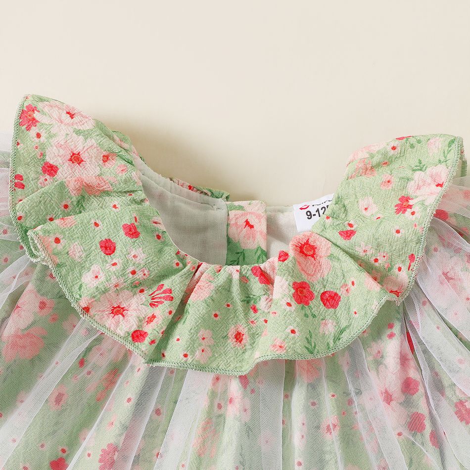 Baby Girl 100% Cotton Allover Floral Print Ruffled Collar Puff-sleeve Mesh Dress GrayGreen big image 3