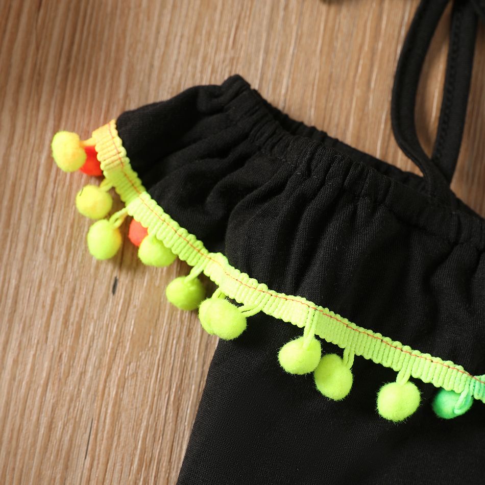 2pcs Kid Girl Pom Pom Decor Ruffled Camisole and Rainbow Belt Shorts Set Black big image 3