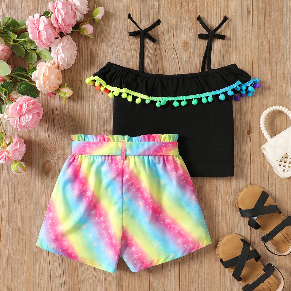 2pcs Kid Girl Pom Pom Decor Ruffled Camisole and Rainbow Belt Shorts Set Black big image 2