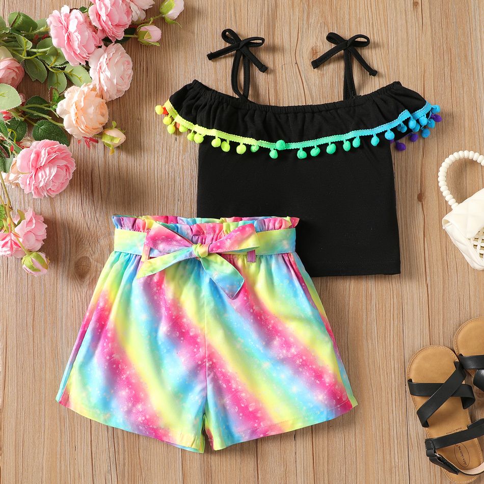 2pcs Kid Girl Pom Pom Decor Ruffled Camisole and Rainbow Belt Shorts Set Black big image 1