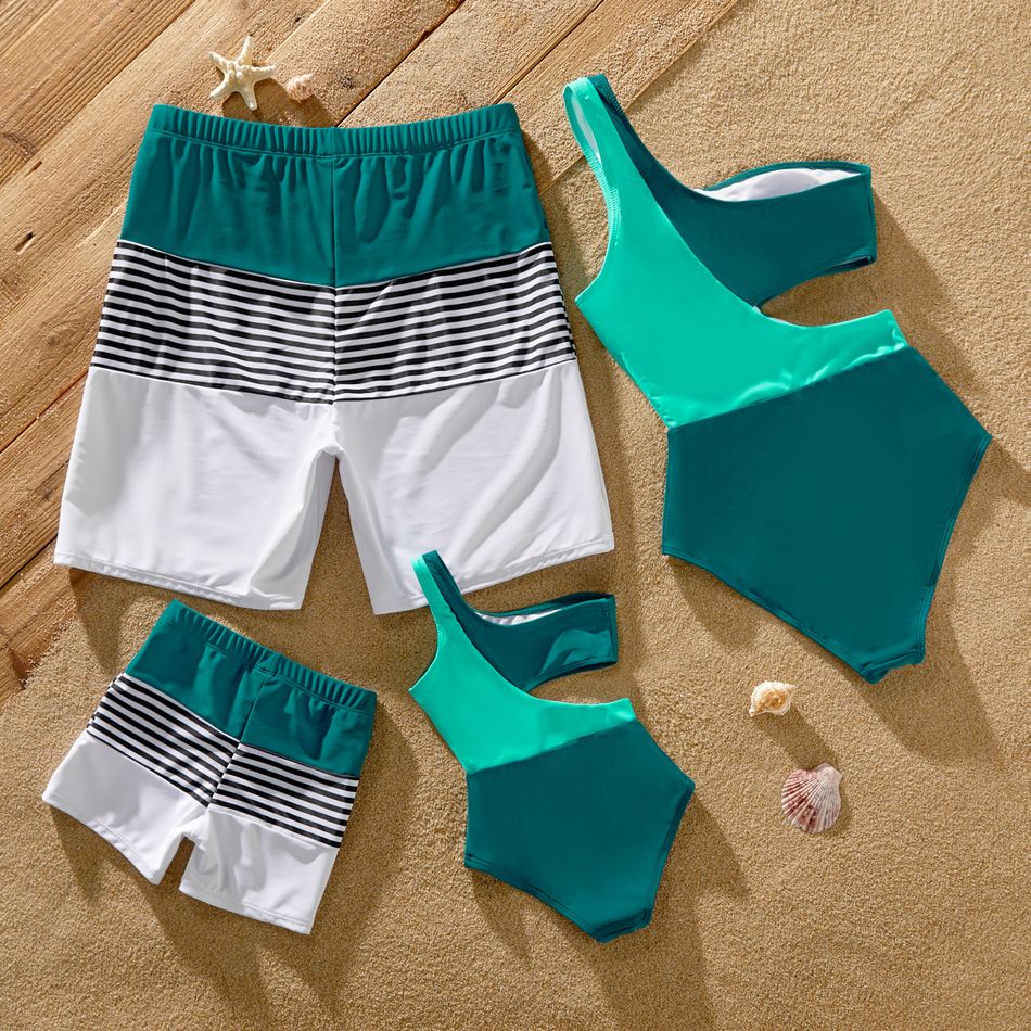 Family Matching Colorblock One Shoulder Cut Out One-piece Swimsuit and Striped Spliced Swim Trunks Shorts DeepTurquoise big image 2