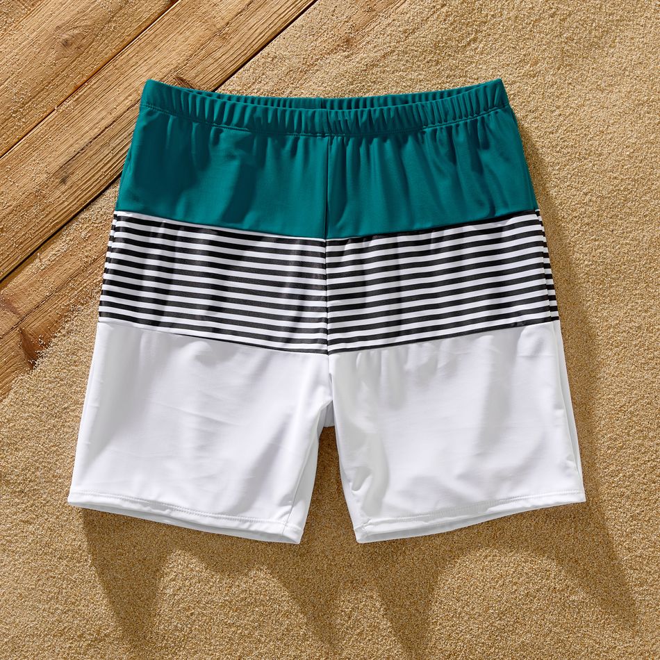 Family Matching Colorblock One Shoulder Cut Out One-piece Swimsuit and Striped Spliced Swim Trunks Shorts DeepTurquoise big image 15