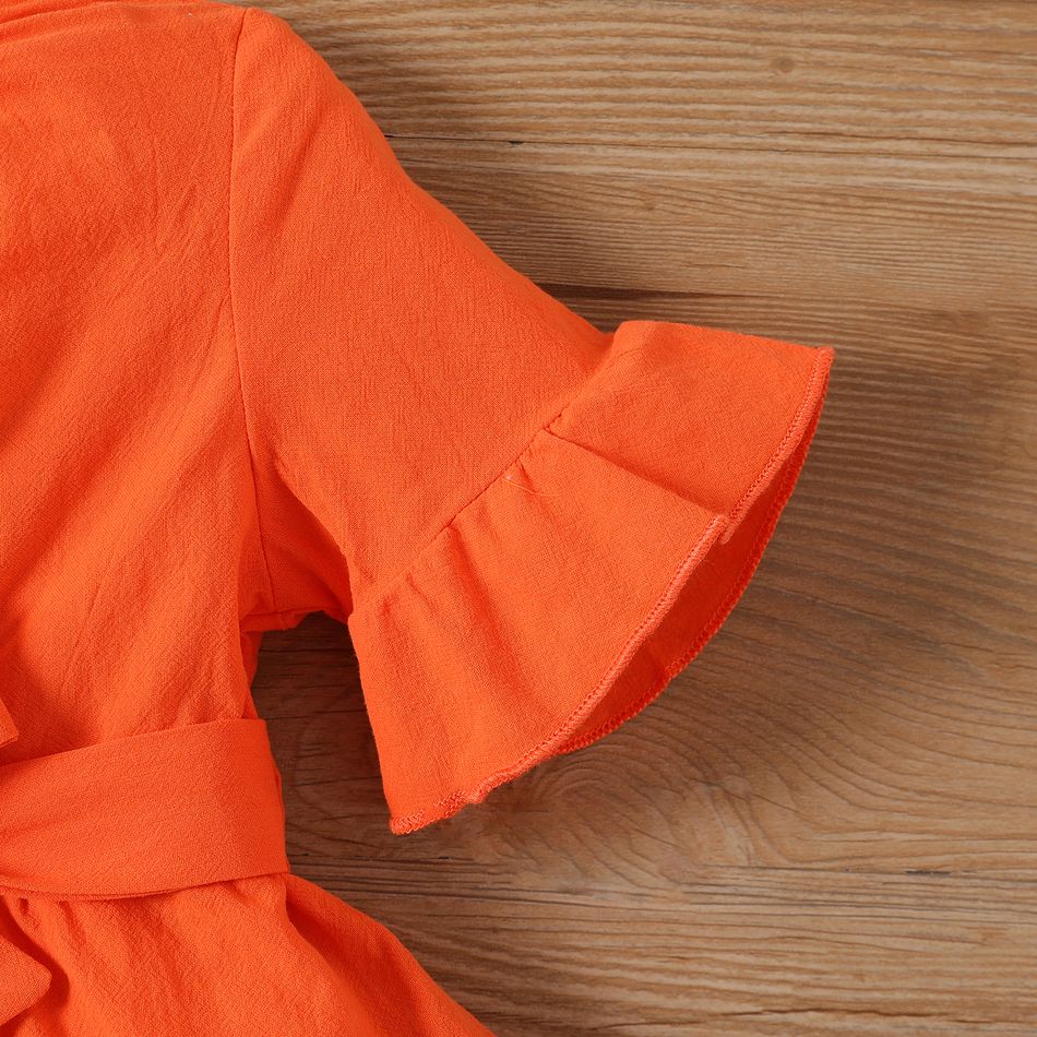 Baby Girl 100% Cotton Solid One Shoulder Flare-sleeve Belted Layered Ruffled Dress orangered big image 3