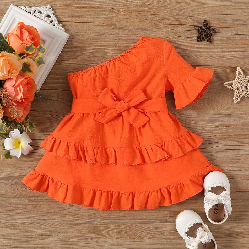 Baby Girl 100% Cotton Solid One Shoulder Flare-sleeve Belted Layered Ruffled Dress orangered big image 1