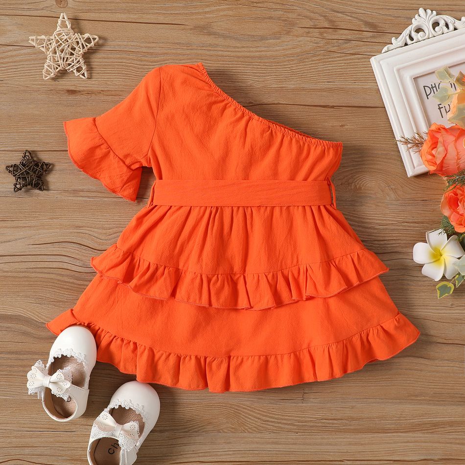 Baby Girl 100% Cotton Solid One Shoulder Flare-sleeve Belted Layered Ruffled Dress orangered big image 2