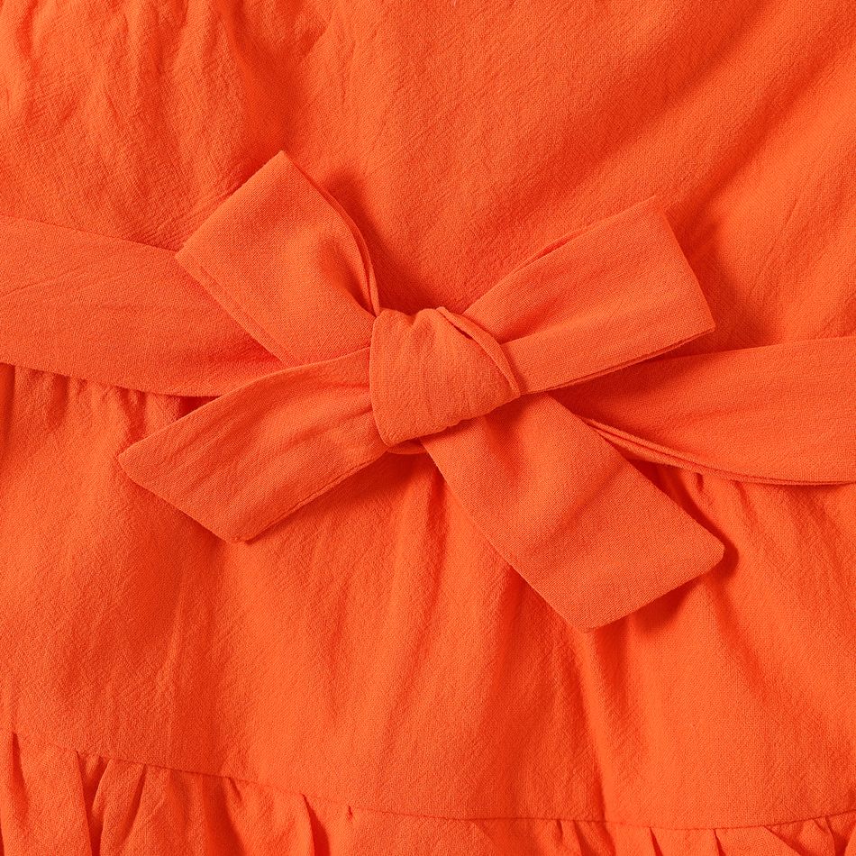 Baby Girl 100% Cotton Solid One Shoulder Flare-sleeve Belted Layered Ruffled Dress orangered big image 4