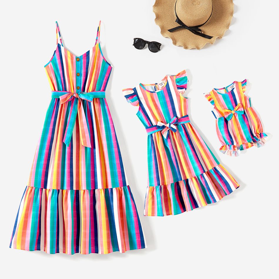 Mommy and Me Colorful Striped Sleeveless Belted Dresses Colorful