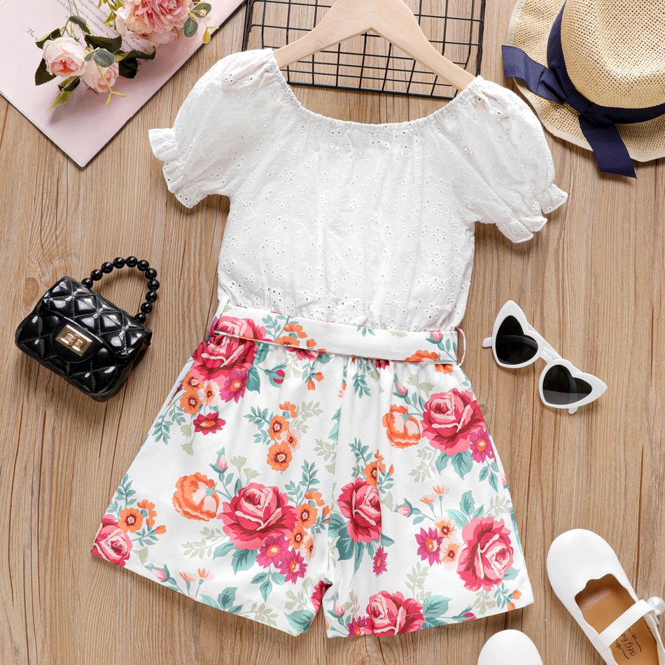 Kid Girl Floral Panel Belted Schiffy Romper White big image 2