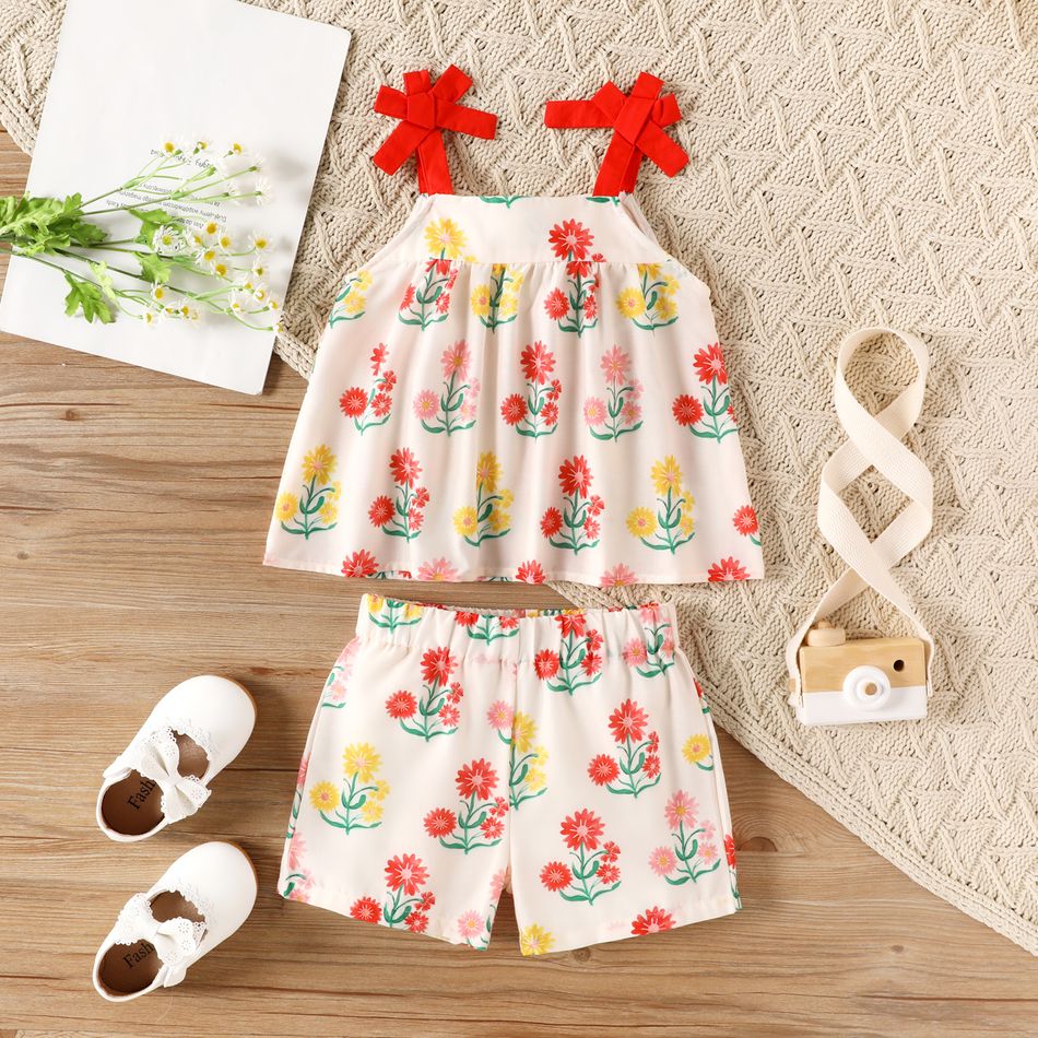 2pcs Toddler Girl Floral Print Bowknot Design Camisole and Elasticized Shorts Set Creamcolored big image 1
