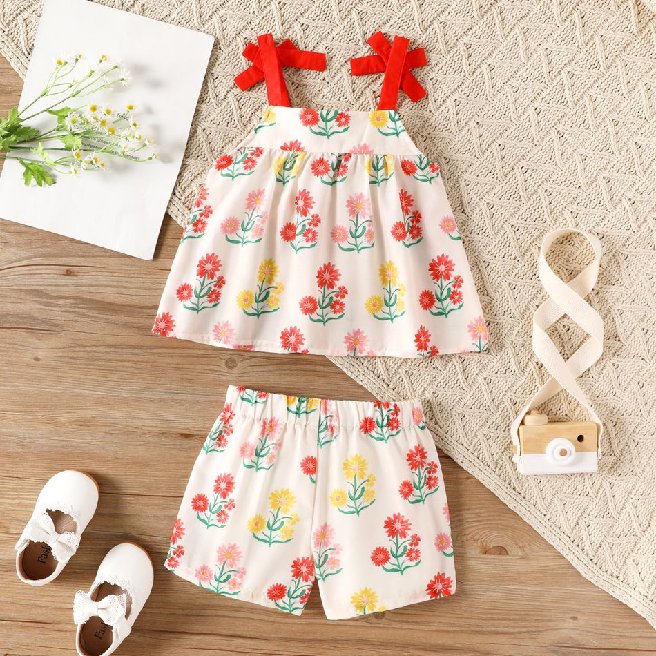 2pcs Toddler Girl Floral Print Bowknot Design Camisole and Elasticized Shorts Set Creamcolored big image 2