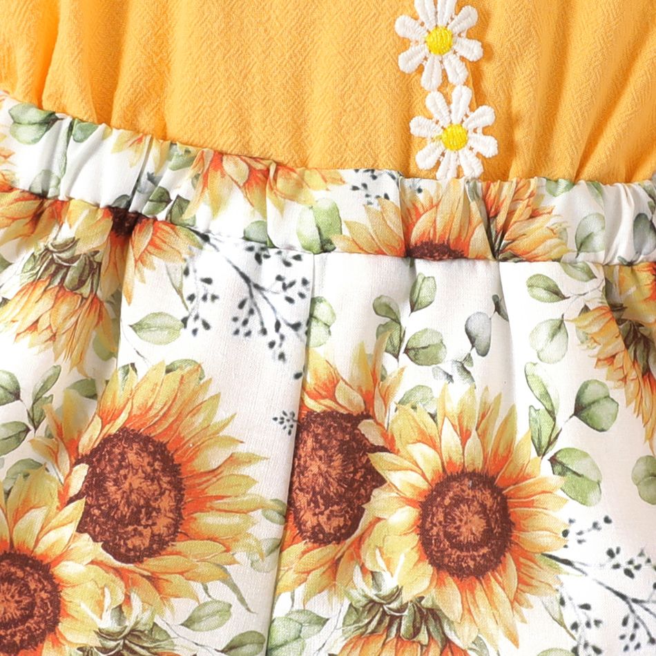 Baby Girl Floral Applique Design Sunflower Print & Solid Spliced Cami Romper Yellow big image 4