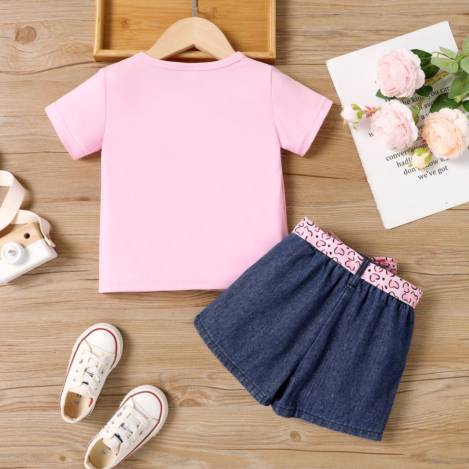 2Pcs Toddler Girl Trendy Leopard & Figure Print Short-sleeve Tee and Ripped Belted Denim Shorts Set Pink big image 2