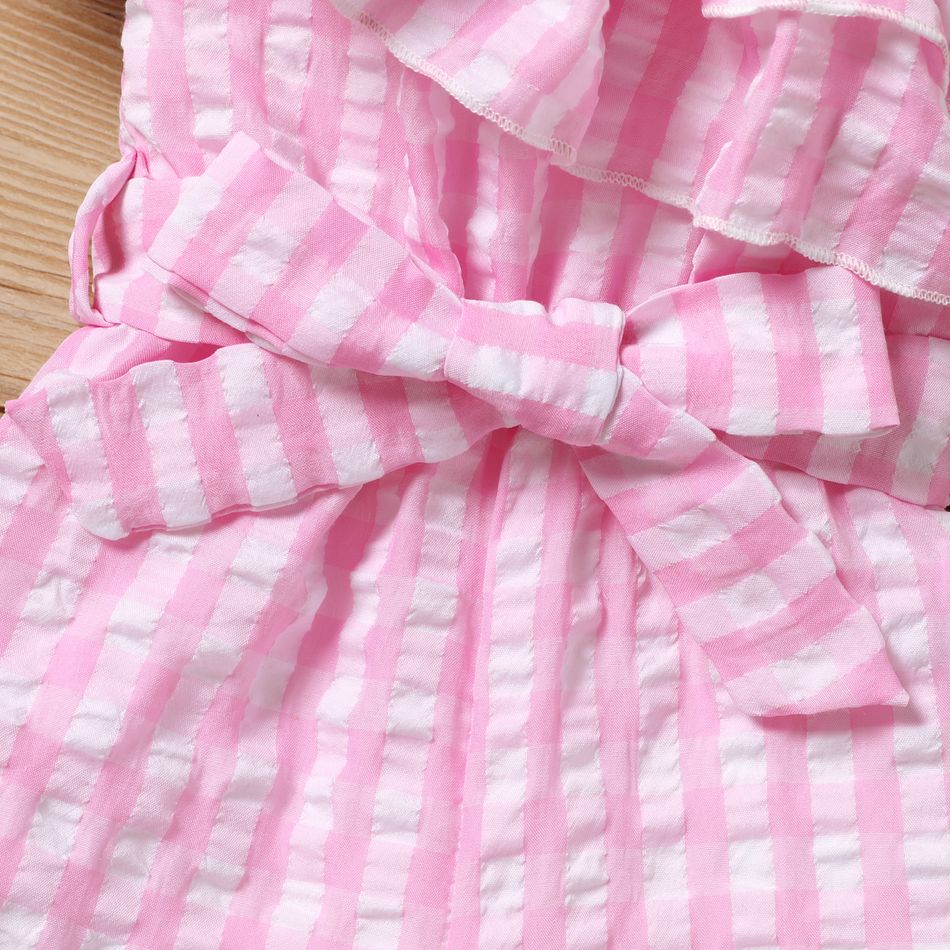 Toddler Girl Trendy Plaid Ruffled Cold Shoulder Belted Romper Pink big image 4